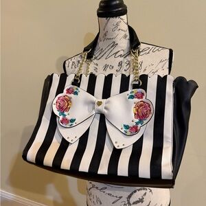 Betsey Johnson Black and White Striped Bag with Floral Bow